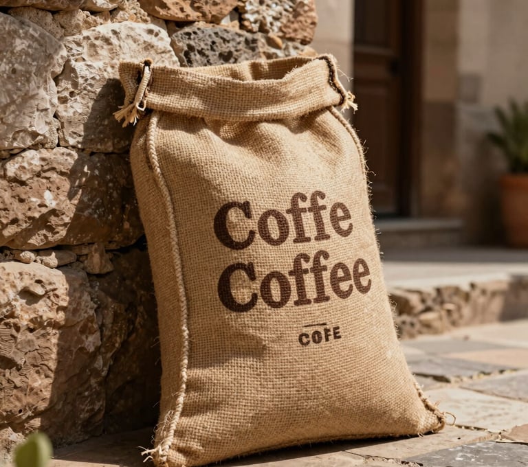 Detailed shot of a vintage jute coffee sack with rustic typography, leaning against a sun-drenched stone wall in a South American / Latin courtyard, earth tones and rich textures, sophisticated composition.