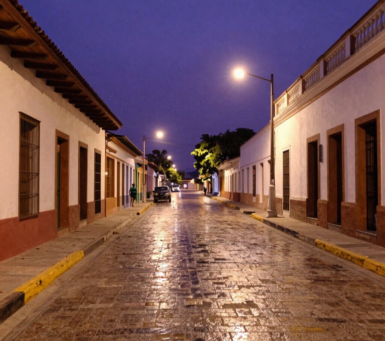 An outdoor photography shot of a quiet street in Maracay, Venezuela during the blue hour, city lights reflecting on the pavement, deep purple and cream color palette, conveying a sense of social reflection and emotional depth.