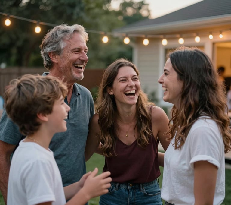 A candid, joyful photo of a family laughing together during a party in a North American / US backyard. Warm string lights in the background. Natural poses, vibrant and professional artistic style.