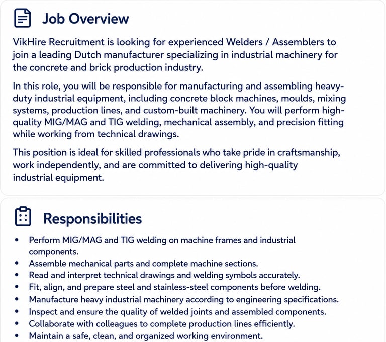 Welder Jobs Netherlands – Job overview/Responsabilities