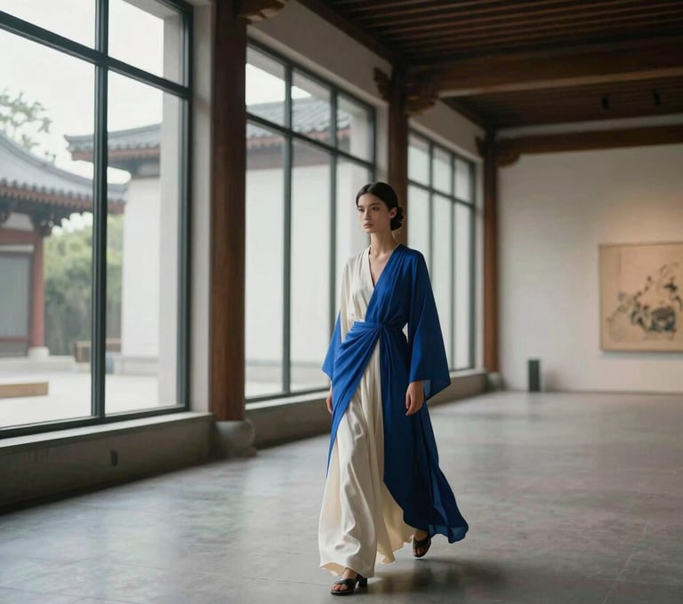 A cinematic wide shot of a model walking through a minimalist gallery space with large windows. The model wears a long, flowing garment in ivory and deep indigo blue. The architecture is a blend of traditional and contemporary East Asian / South Asian influenced for a global luxury audience design.