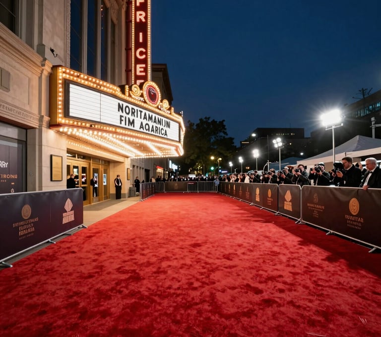 A wide-angle evening shot of a prestigious film premiere red carpet in North America. The scene features glowing marquee lights from a classic theater, elegant event barricades, and a sophisticated atmosphere under a navy night sky.