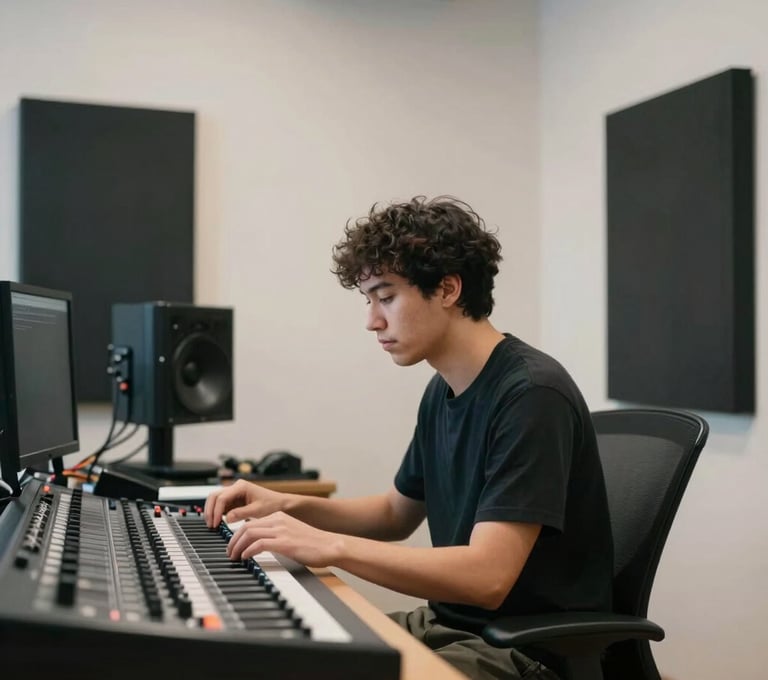 P.E.P YLS in a minimalist studio setting, sitting at a mixing console. The room is modern with off-white walls (#F5F5EB) and dark acoustic panels (#0A0A0A). He is focused on his craft. Soft, natural light.