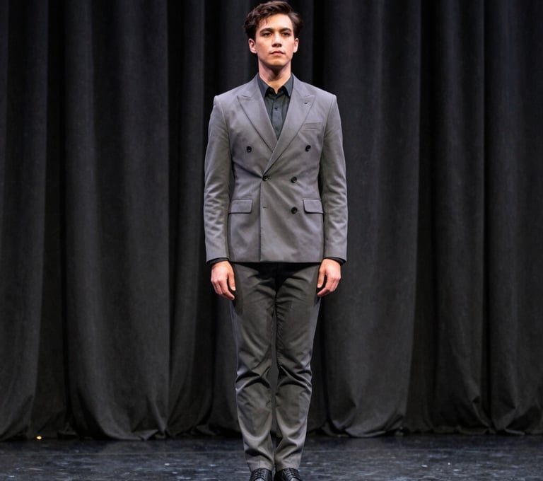 An elegant full-body shot of a performer in a sharp, modern costume, standing against a dark stage curtain, North American / US venue, contemporary theatrical photography style using a muted grey palette.