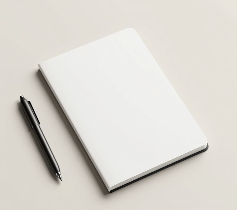 Top-down view of a minimalist workspace. A single black metallic object and a clean white sketchbook lie on a cream surface (#F8F5F2). Abundant negative space around the items, reflecting a sense of luxury and focus.