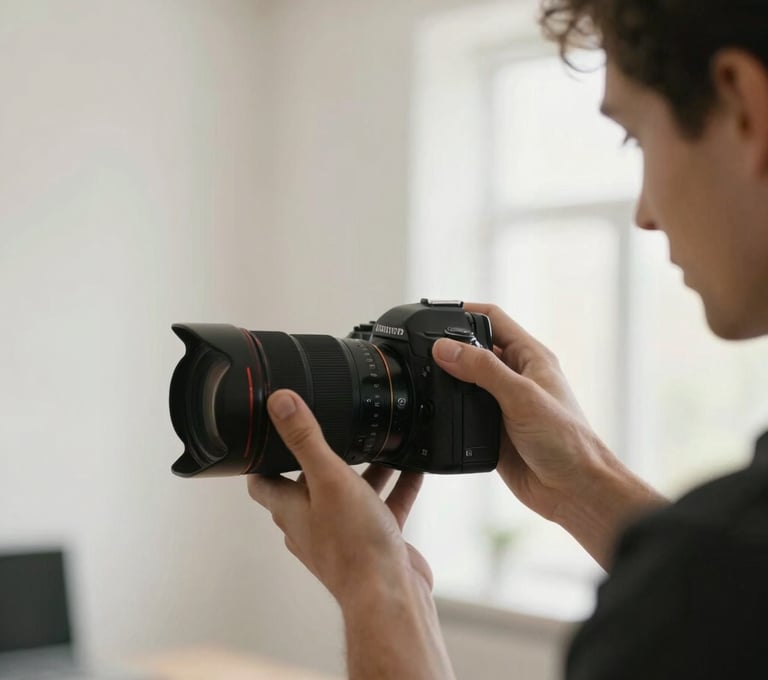 A professional photographer's hands precisely adjusting a camera lens in a bright, modern Central European studio with soft off-white walls.