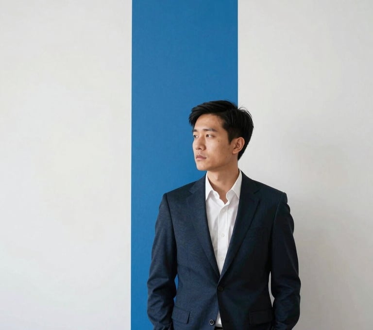 Minimalist portrait of an artist in professional attire standing against a white wall with a single vertical cerulean blue stripe. Bauhaus aesthetic, North American / US urban setting, soft natural light, very elegant and clean.