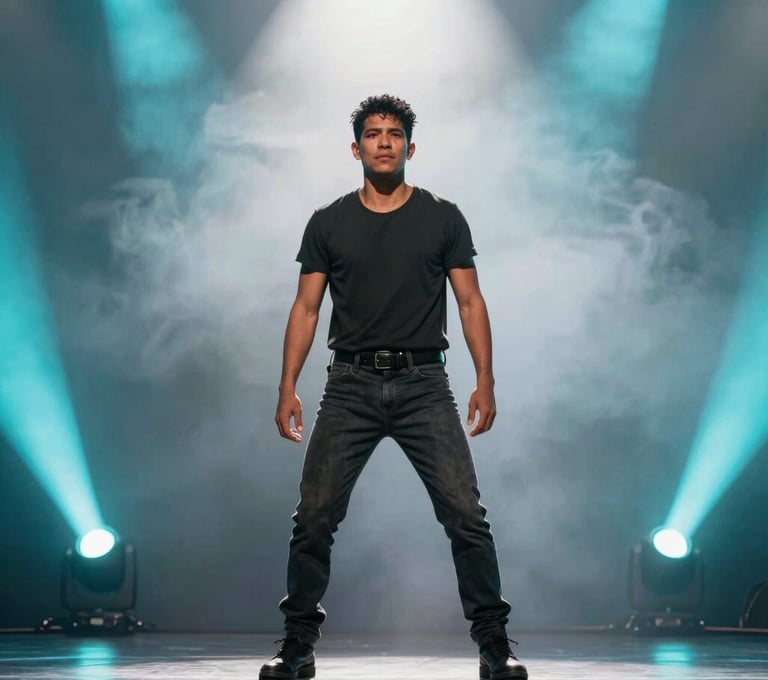 A medium shot of a male South American / Colombian performer on a dark stage. He is surrounded by a hazy atmosphere illuminated by electric neon cyan spotlights. Soft cloud white backlighting creates a strong silhouette.