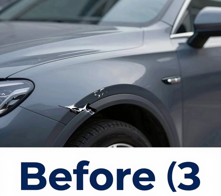 Detailed 'Before' shot of a significant dent on a car fender, with harsh lighting to emphasize the damage. Professional automotive repair context. Brand colors #0A1E3C and #A3B5C9 in the environment.