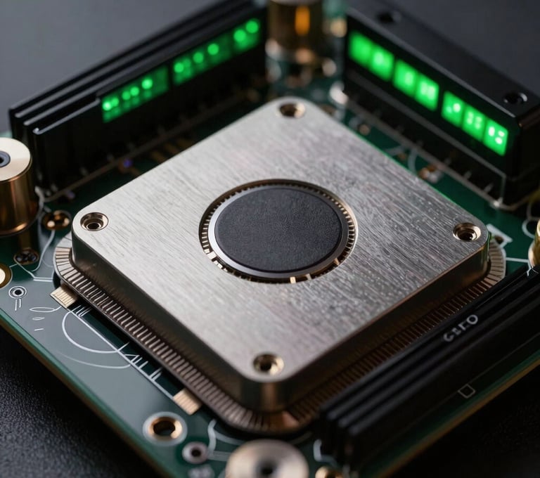 Macro photography of high-performance computing hardware with neon green LED accents. Sharp focus on metallic textures and cooling systems. The style is dark, industrial, and pragmatic, reflecting a high-end Brazilian production house.