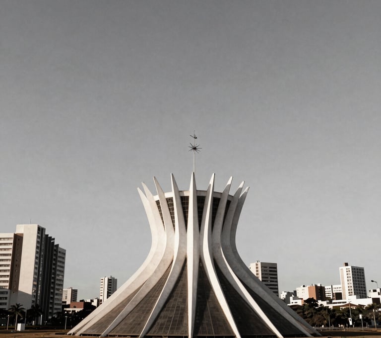 A desaturated wide-angle shot of the modern Brasília skyline under a high-contrast sky, capturing the city's unique architectural soul in a minimalist, artistic style.
