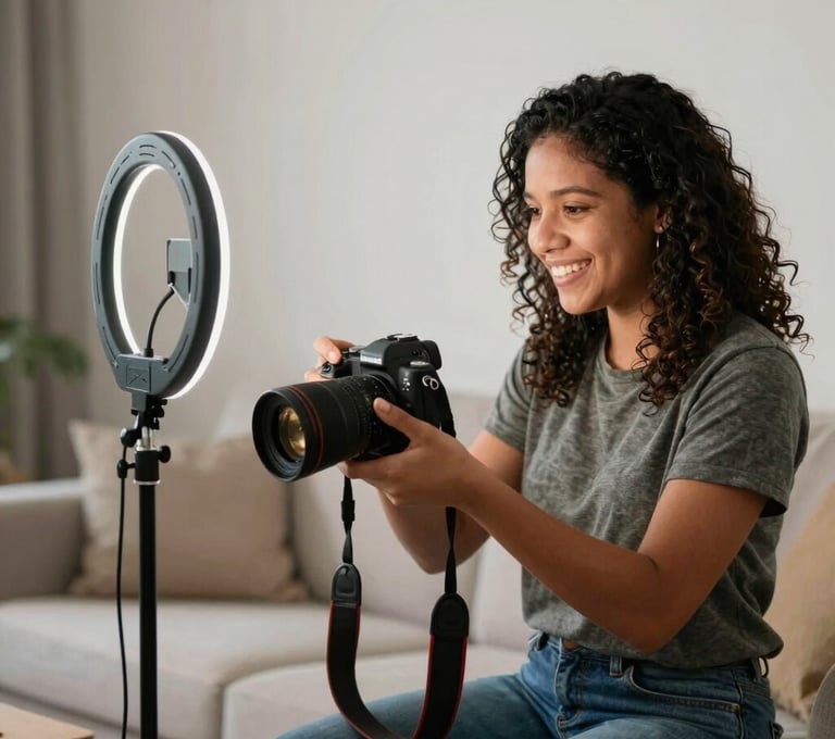 Medium shot of a South American / Brazilian digital creator working with a professional camera and ring light in a clean, modern apartment. Focus on the engagement and charisma of the creator.