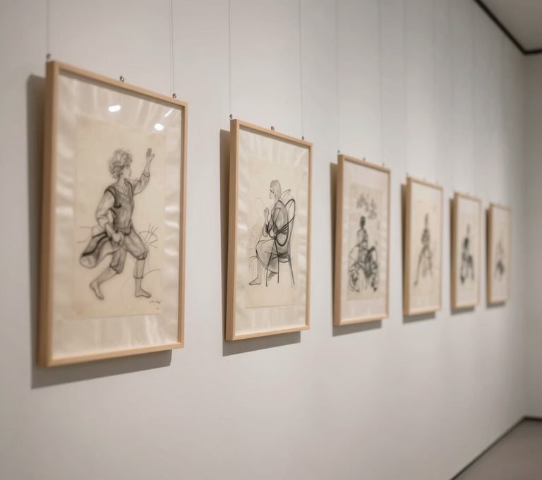 An artistic photograph of a series of drawings hanging in a clean, minimal gallery space. The drawings are on semi-transparent silk panels, casting soft shadows on a soft off-white wall. The overall mood is quiet and introspective.