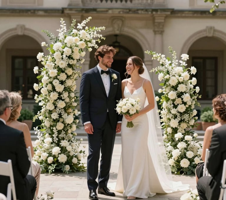 A candid moment of a couple laughing during their ceremony in a North American / European courtyard. Surrounded by minimalist off-white floral arrangements. Warm, natural lighting, elegant atmosphere.