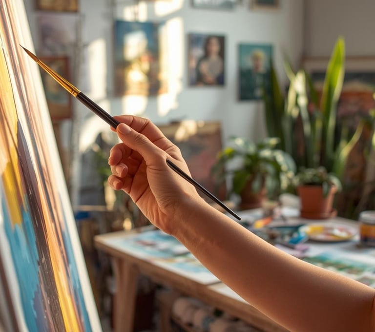 Close-up of an artist holding a paintbrush while painting on canvas in a sunlit art studio with indoor plants.