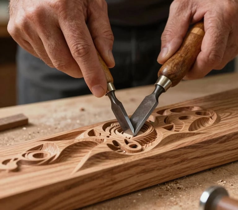A professional close-up shot of a craftsman's hands in a North American studio using a traditional hand-carving chisel on a sculptural piece of solid Cherry wood. The focus is on the precision and the interface between the metal tool and the warm timber.