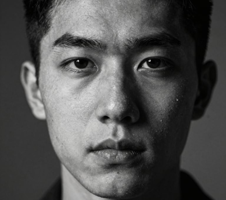 A sharp, high-contrast artistic portrait in black and white. The lighting creates deep shadows, emphasizing the subject's expression. International / Professional.