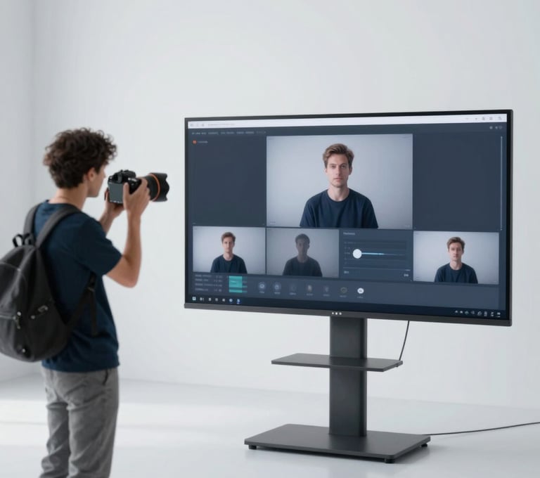 Behind the scenes at Dbocaenbocast: a photographer and a talent coordinator reviewing digital reels on a large screen in a stylish, minimalist studio. Clean aesthetic with #74A8AE.