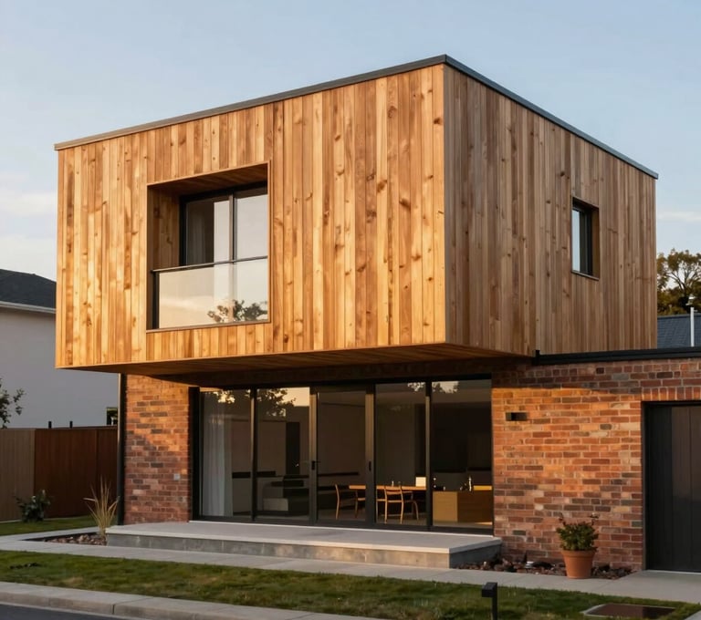 An exterior view of a modern timber-clad extension during the golden hour. The wood glows with a warm #8D6B5F hue. The design is sleek and professional, integrated perfectly with the old brickwork.