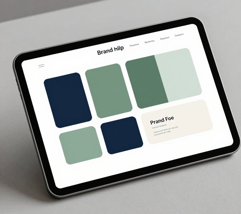 A minimalist brand identity presentation displayed on a modern tablet computer lying flat on a desk. The aesthetic is highly professional and minimalist, appealing to sophisticated clients. The screen shows a brand palette utilizing dark navy, sage green, and off-white.
