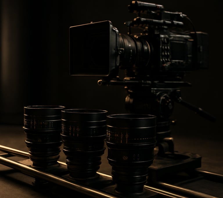 A detailed shot of high-end cinema lenses and a professional camera rig on a dolly track. The setting is a dimly lit studio with a sophisticated, professional atmosphere, featuring black and brushed gold tones.