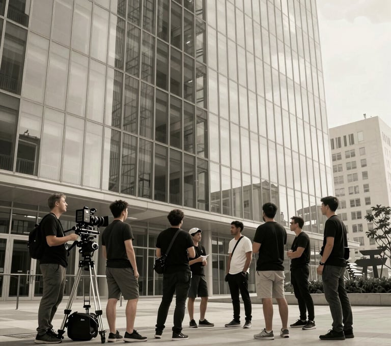 A wide shot of a professional production crew filming a branded content documentary in a modern glass-walled skyscraper. The lighting is cinematic with off-white and charcoal tones. Global / Western.