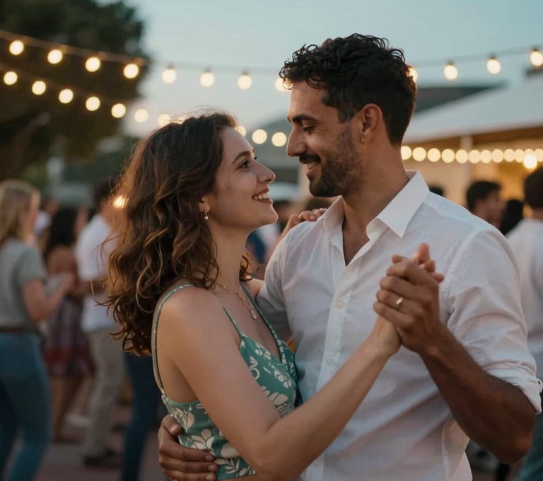 A candid photography shot of a couple dancing at an outdoor evening party in a South African city setting. Warm string lights reflect Sage Teal and Pearl White tones, evoking a sense of joy.