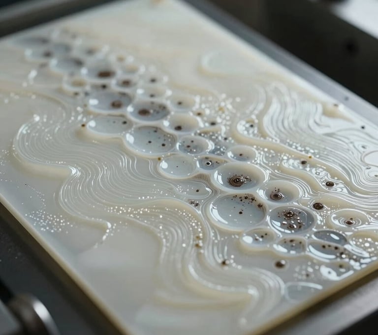Cinematic laboratory view of sound-sensitive membranes. The texture is milky glass white with dark charcoal shadows, showing tiny ripples that form complex mathematical shapes, lit from the side.