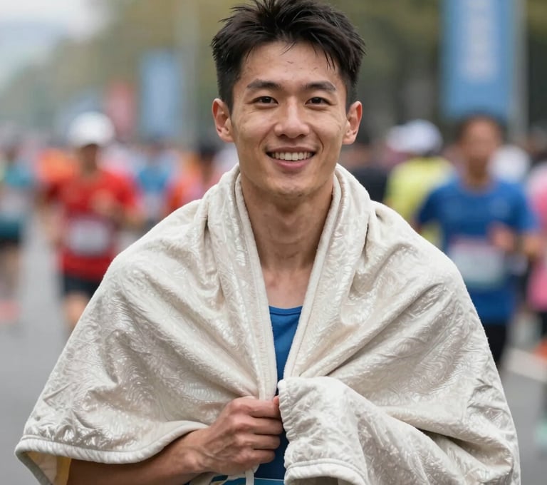 Professional portrait of a runner being draped in a thermal blanket after the race, showing an authentic smile of relief. The colors of the blanket reflect soft #F2F1ED metallic tones.