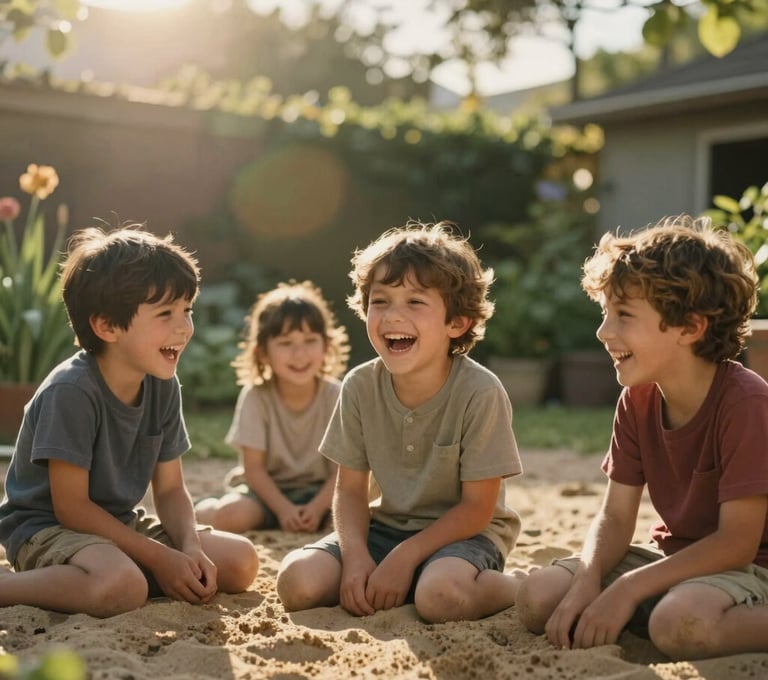 Candid photography of North American children laughing while playing in a sun-drenched garden. The composition is cinematic and personal, capturing genuine emotions. Warm golden hour glow and soft sand textures.