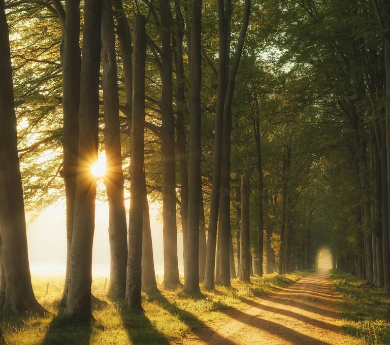Sunlight through an avenue of trees representing a spiritual journey