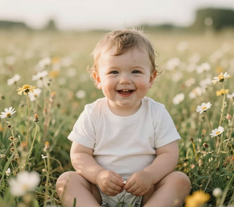 A high-end portrait of a smiling toddler sitting in a field of wildflowers in West Michigan. The style is light and airy with a soft focus background. Natural beauty and warm lighting are emphasized with Cream and Sage Cream highlights.