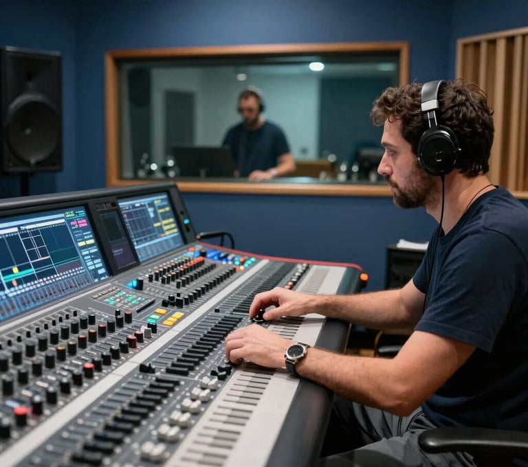 Candid photograph of a professional sound engineer working at a large console in a sleek, modern studio. A Southern European musician is visible through the booth glass in the distance. The lighting is soft and focused, emphasizing a palette of navy and slate blue.