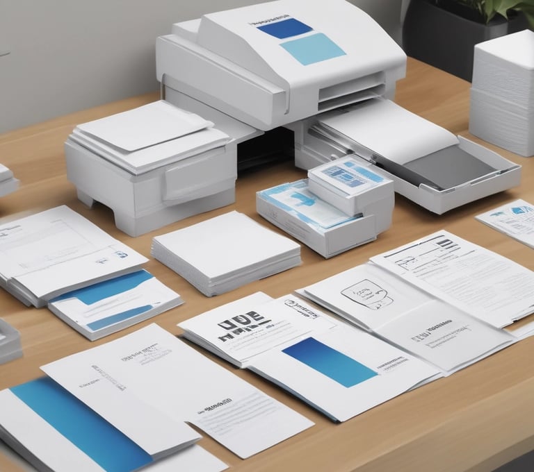 An array of printed materials including brochures and business cards.