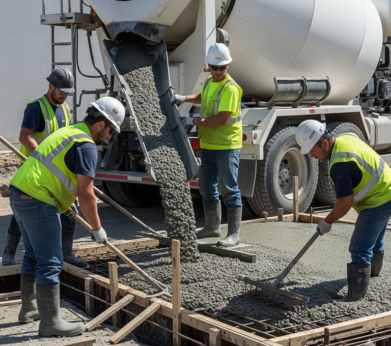 a group of men in safety vests working on a freshly poured concrete