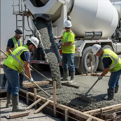 a group of men in safety vests working on a freshly poured concrete