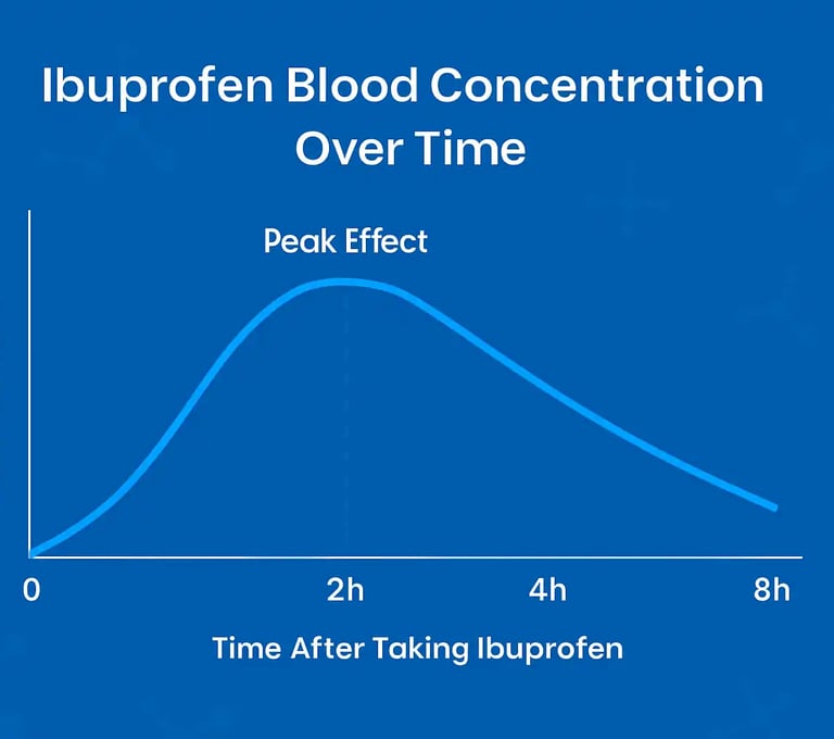 Ibuprofen absorption curve showing peak effectiveness around 1–2 hours, with labeled timeline from 0 to 8 hours after dose
