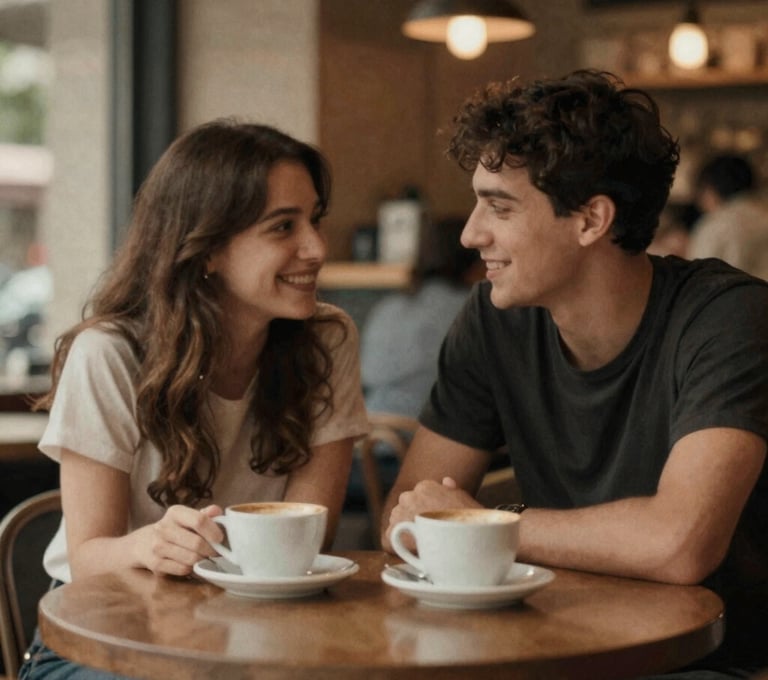 A grainy, underexposed photo of two people sitting together in a dimly lit cafe, their faces slightly out of focus. Authenticity over polish. Colors: #D1B499, #3E352B.