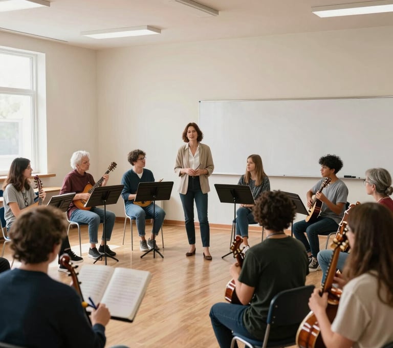 A bright and airy classroom in an International / English-speaking community center where a teacher is leading a music appreciation class for adults. The room has soft off-white décor and people are holding various instruments.