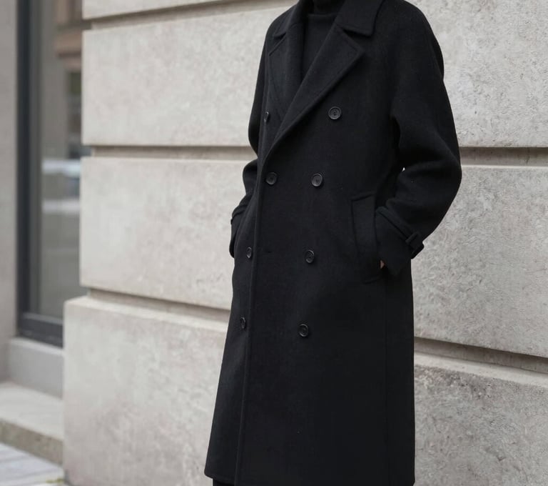 A professional editorial fashion photograph of a person wearing a tailored black wool coat, standing against a minimalist light gray stone wall in a Northern European city. The lighting is soft and overcast, highlighting the clean silhouette and sophisticated mood.