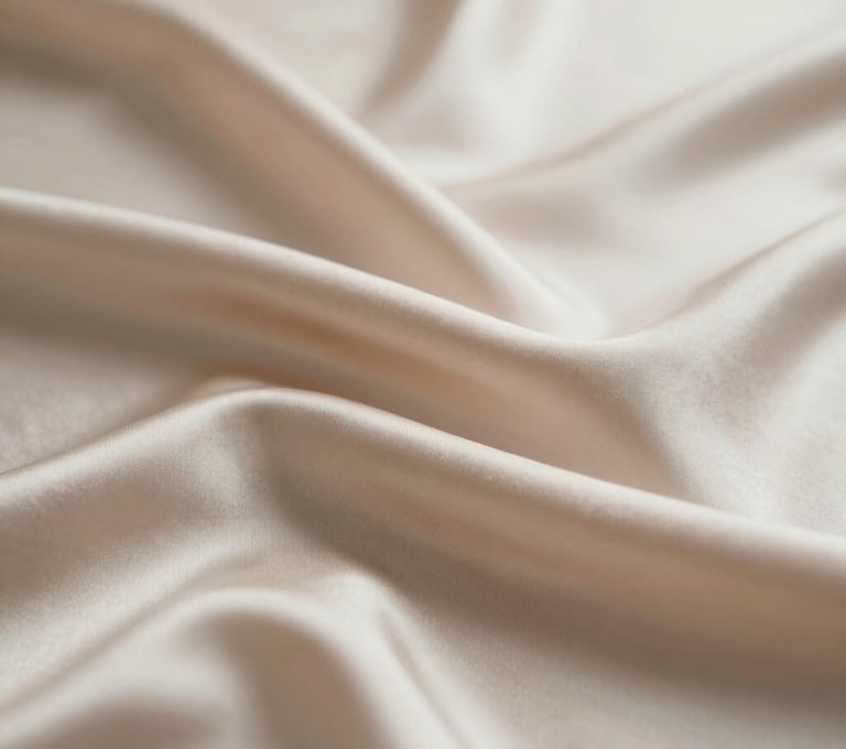 A sequence of video frames showing the ripple of silk fabric in motion. The lighting is harsh and dramatic, highlighting the texture and sheen of the material. Colors focus on #F8F4ED and #D5BFB3 for a luxurious, warm feel.