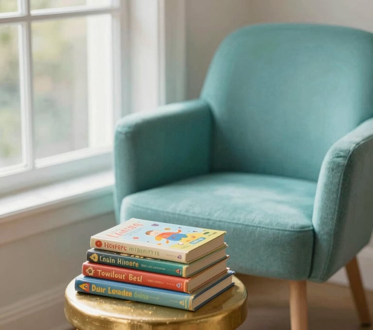 An inviting reading corner featuring a plush #7A9E9F teal chair and a sunlit window. A small pile of children's literature sits on a gold #D4B281 stool, conveying a sense of warmth and imaginative possibility.