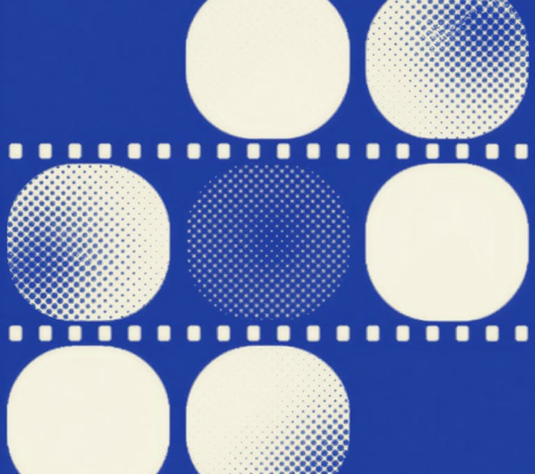 Abstract graphic composition of film strips and halftone pattern circles in primary blue and off-white, sharp edges, 60s revolutionary aesthetic.