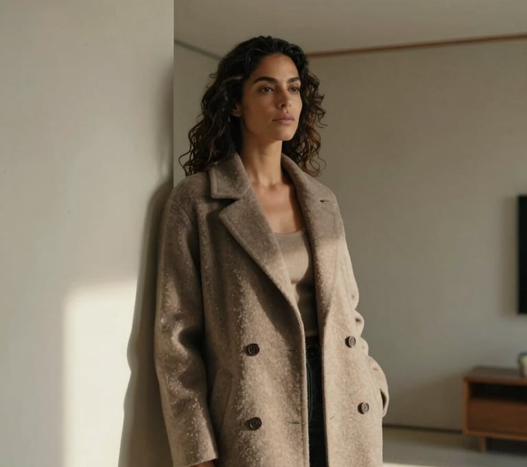 An atmospheric editorial portrait of a Brazilian woman elegantly styled in a tailored warm taupe coat, standing inside a minimalist architectural home in São Paulo. Soft, natural light cascades from the side, evoking a poetic, intimate, and timeless mood.
