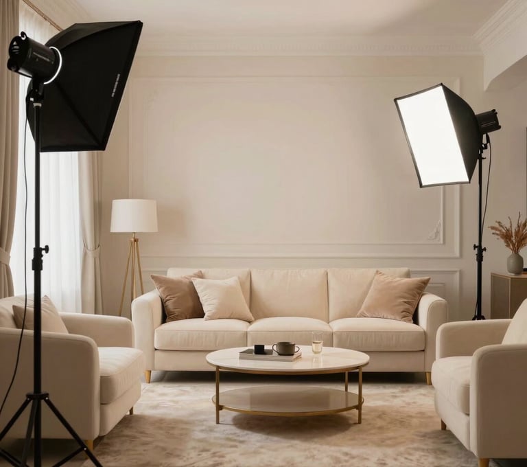 Interior shot of a professional female-only home studio in the Middle East, showcasing a cozy yet luxurious photography space with soft cream furniture and professional studio lights.