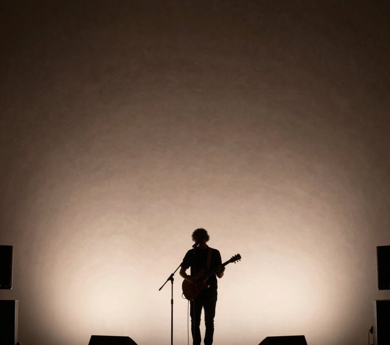 A wide-angle shot of a musician performing on a small, intimate stage in a North American / US lounge. The atmosphere is filled with a soft hazy light. The background is a dark charcoal brown, with the performer silhouetted against a pale cream light.