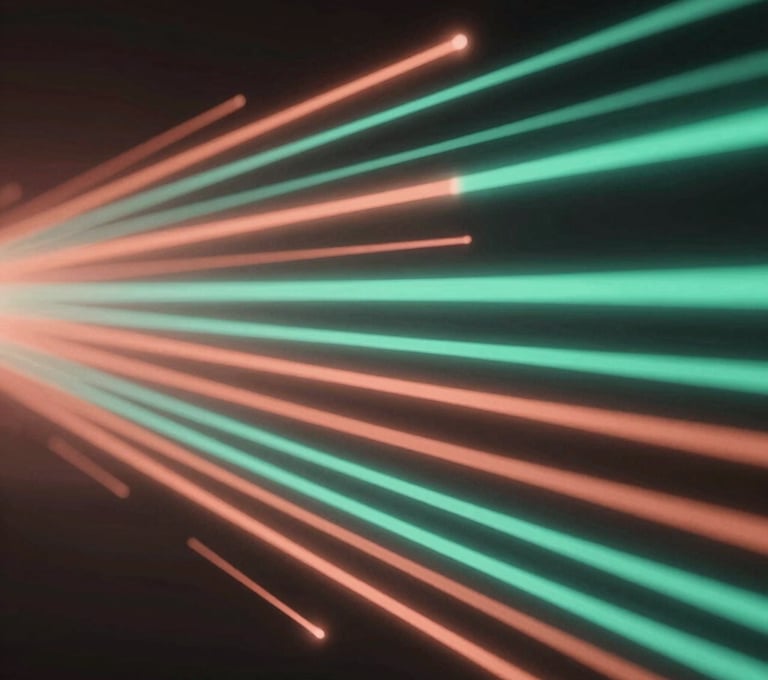Abstract digital representation of data streaming, with glowing lines of Burnt Peach (#E67D62) and Tropical Teal (#70A8A9) against a deep black background, suggesting speed and technical precision.