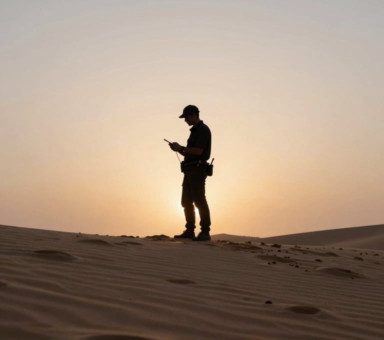 A silhouette of an artist standing on a sand dune, holding tools, framed by a cinematic sunset with soft sand and muted tan highlights in the foreground.