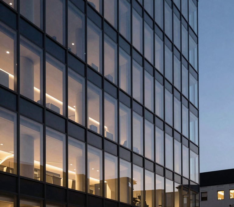 A cinematic architectural photograph of a sleek, modern North American building facade at twilight. The glass reflects a muted indigo sky, with internal warm ivory lights creating a professional and restrained geometric pattern.