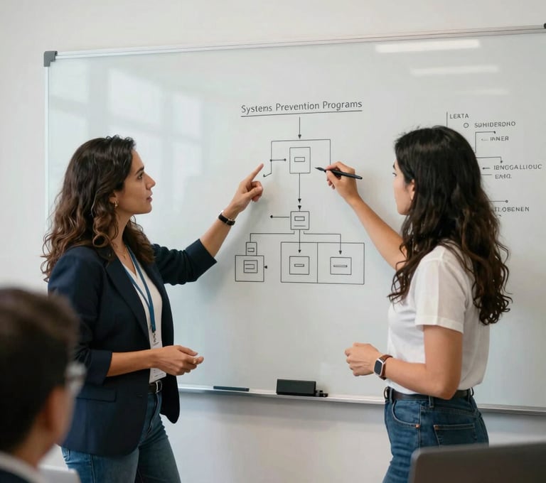 A collaborative meeting inside a Mexican / Latin American technology startup. Two female systems engineers discuss cyber prevention programs, pointing at a clean whiteboard with minimal architectural diagrams. Pristine lighting, professional and intellectual style.